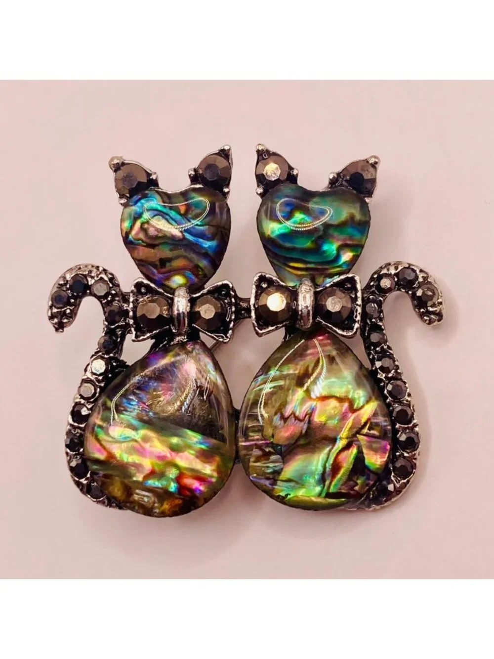 Abalone Shell Twin Cats Brooch Pin Black Rhinestones -24B
